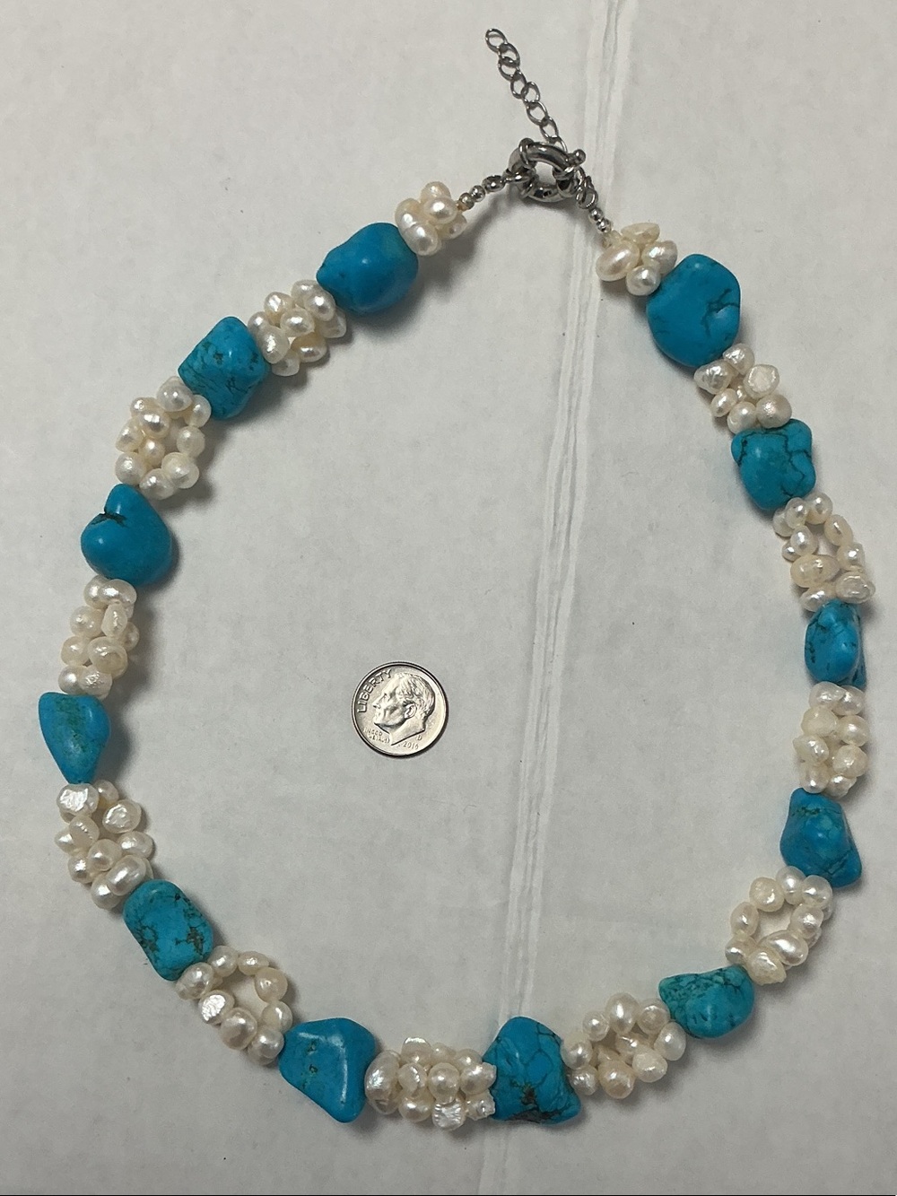 Pearl and Turquoise Chunky Bead Statement Necklace 19”